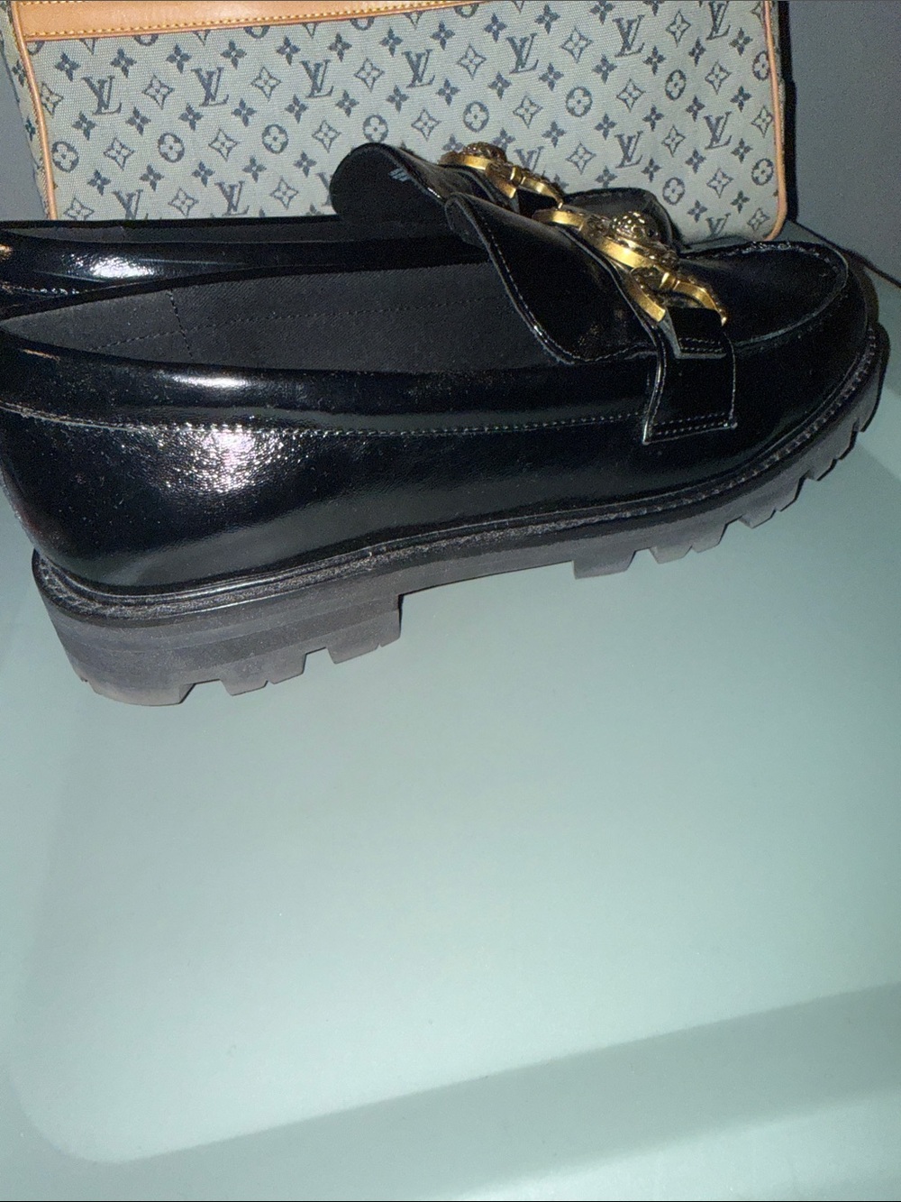 Kurt Geiger Black Patent Loafers with Gold Emblem - Picture 3 of 5